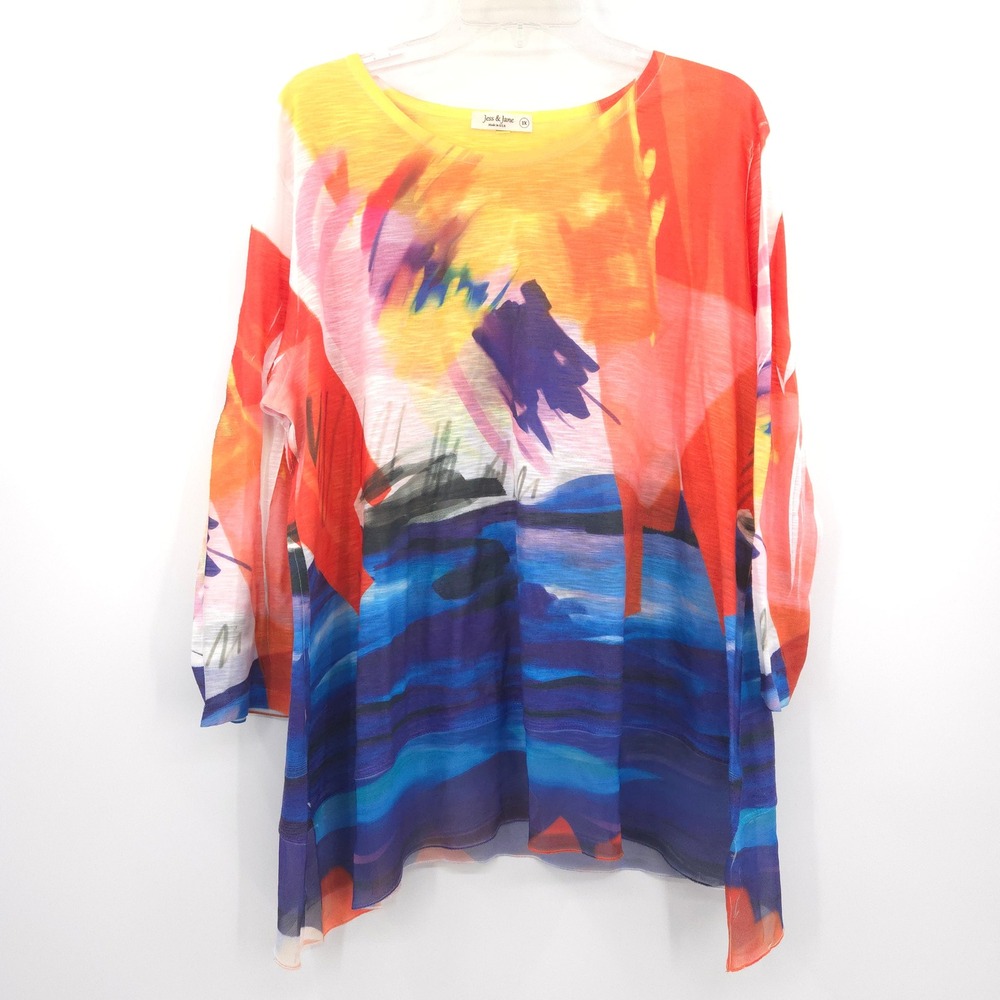 Jess & Jane Tunic Top Womens 1X Multi Color Abstract Art Print 3/4 Sleeve USA